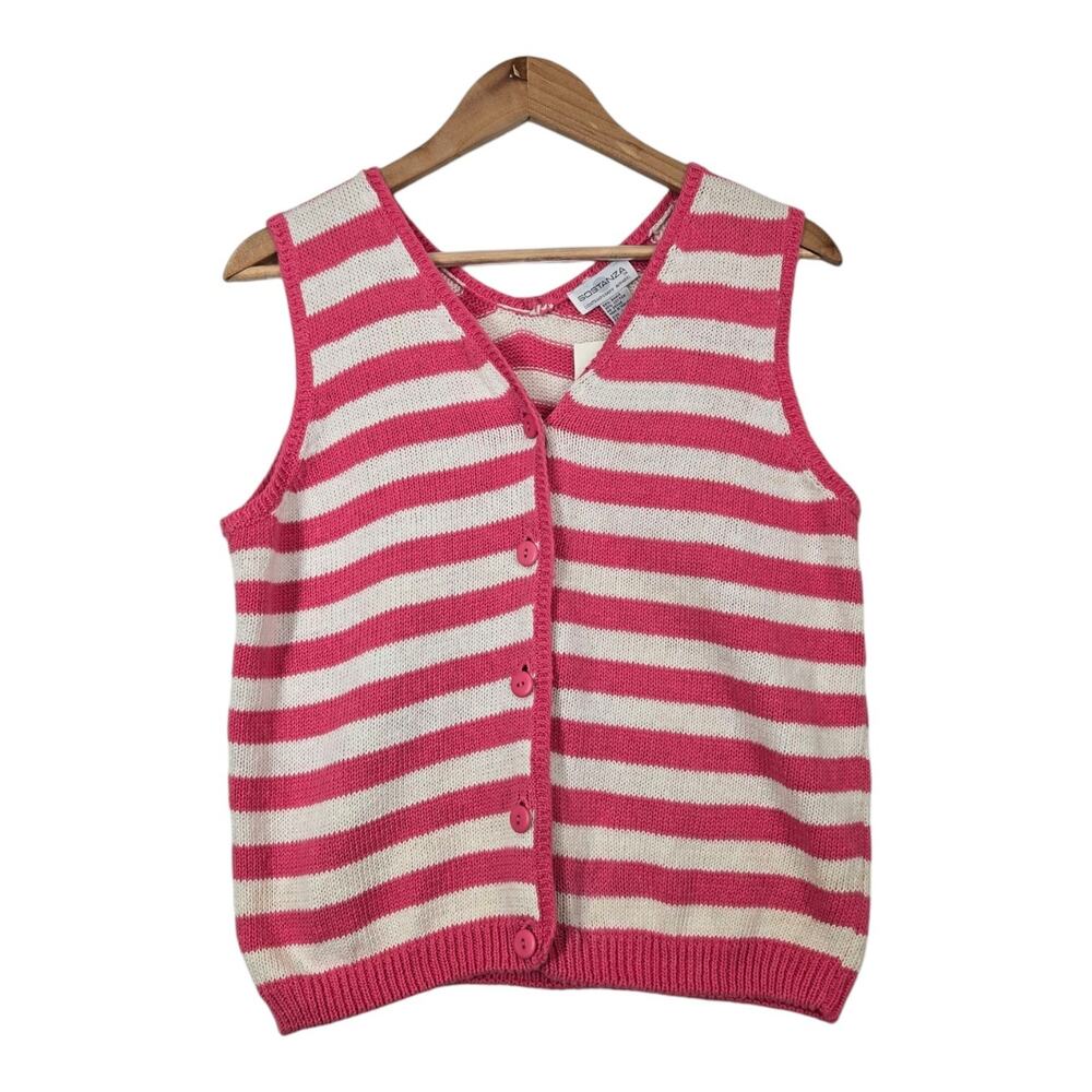 Sostanza Cardigan Sleeveless Vest sz L Pink White Stripe Knit Button Front